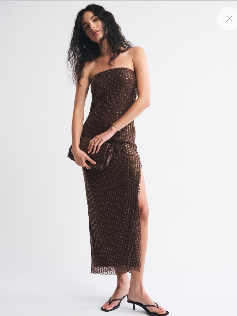 Bra Free Strapless Brown Beaded Midi Dress